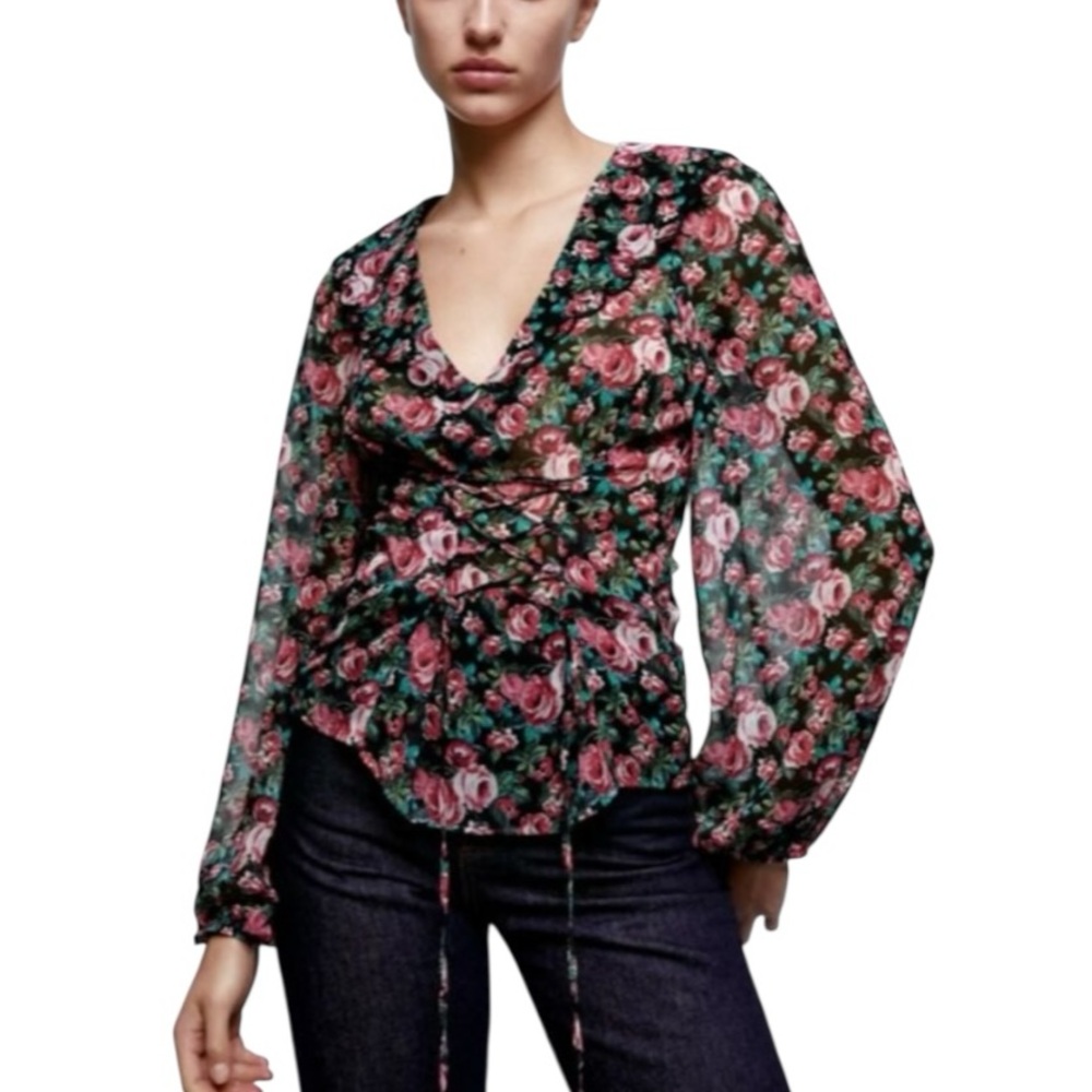Zara Floral Sheer Corset Tie Ruched Blouse Long Sleeve Size S NWT Cottagecore - Picture 2 of 8